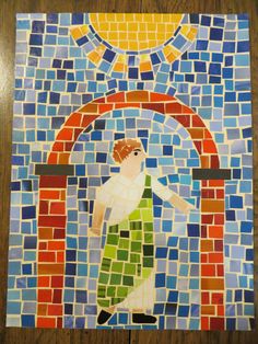 a stained glass mosaic with a woman standing in front of a sun on the wall