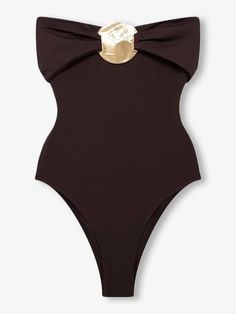 a black and gold one piece swimsuit with a bow