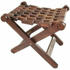 a wooden folding stool with wheels on the back and seat is made out of wood