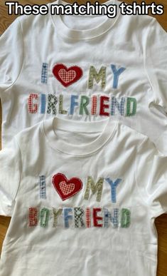 two t - shirts with the words i love my girlfriend and i'm boyfriend printed on them