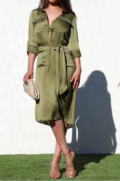 STYLED BY ALX COUTURE MIAMI BOUTIQUE satin buttown down shirt dress midi dress workwear dress with heels Silk Shirt Dress Outfit, Satin Dress Style, Shirt Dress Outfit, Satin Shirt Dress, Silk Shirt Dress, Elegant Fabric, Brown Fits, Short Gowns, Graphic Sweaters