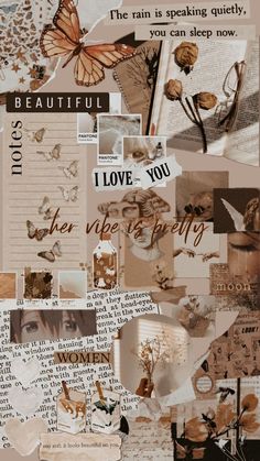 the collage is made up of many different pictures and words, including flowers, butterflies,