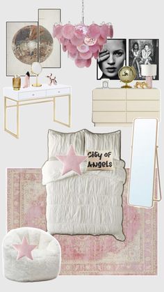 a collage of pink and white decor with pictures on the wall, bedding, rugs, mirror, lamp, table