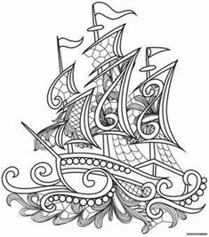 a black and white drawing of a ship with waves on it's sails, in the