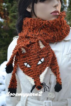 "Beautiful fox scarf. Made of soft acrylic boucli yarn. It is perfect for autumn and winter and will decorate your neck. It is very warm and pleasant. It is knitted. This is my design and implementation. It has enjoyed constant popularity for over 10 years. It is sold all over the world, currently also in Poland. Size: length about 100-105 cm./39.37\" width approximately 16-17 cm/6.30\" delivery time approximately 3-4 days Please wash gently in warm water, do not wring All products are made indi Knit Fox, Fox Scarf, Orange Fox, Hand Knit Scarf, Mohair Yarn, Circle Scarf, Knitted Gloves, Neck Gaiter, Long Scarf