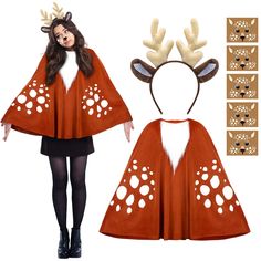 a woman in reindeer costume with deer ears and paws on her head, standing next to a cutout