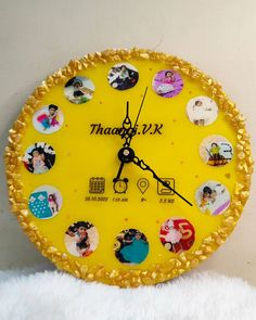 there is a yellow clock with many pictures on the front and side of it that says thaddi k