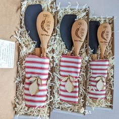 four wooden spoons in pouches with tags on them