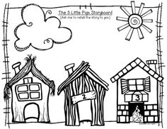 the little pigs storyboard is shown with houses and clouds in black and white ink