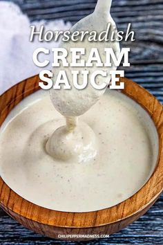 horseradish cream sauce in a wooden bowl