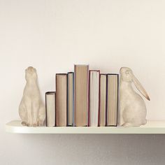 two white rabbits sitting on top of some books