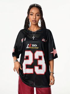 Women's Streetwear Sports Blockcore Number Printed Mesh Jersey T-Shirt,Couple Same Style Black Casual  Half Sleeve Knitted Fabric Geometric,Letter  Medium Stretch  Women Clothing, size features are:Bust: ,Length: ,Sleeve Length: Mesh Jersey, Skater Jeans, Couple Tshirts, Slim Fit Top, Style Streetwear, Streetwear Women, Black Casual, Mens Denim, Half Sleeve