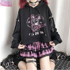 Mode Harajuku, Preppy Mode, Pastel Goth Outfits, Kawaii Sweatshirt, Bunny Hoodie, Harajuku Sweatshirt, Pastel Goth Fashion, Alt Outfits, Women Graphic