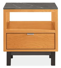 an end table with two drawers and a black marble top on the bottom, against a white background