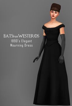 a woman in a black dress with gloves on her head and the caption bats from westerlos 1800's elegant morning dress