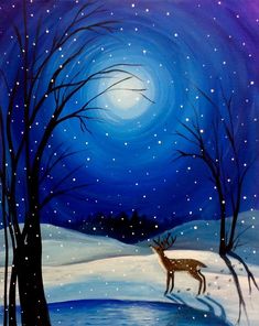 an acrylic painting of a deer in the snow at night with stars and moon