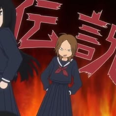 two anime characters standing in front of a fire