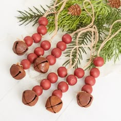 red berries and pine cones on a white surface