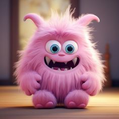 a pink furry creature with big eyes and large teeth sitting on the floor in front of a door