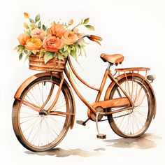 a painting of a bicycle with flowers in the basket on it's front wheel