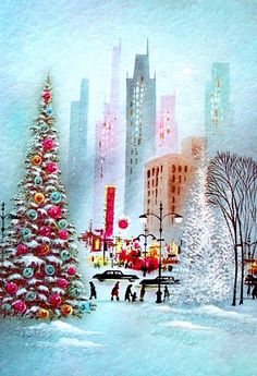 a painting of people walking in the snow near a christmas tree with lights on it