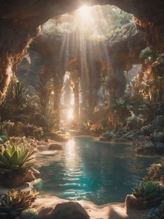 the sun shines through an opening in a cave filled with plants and rocks, as it