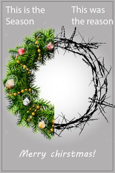 a christmas card with a wreath and ornaments