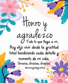 the words are written in spanish on a pink and blue background with colorful flowers around it