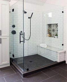 a walk in shower sitting inside of a bathroom