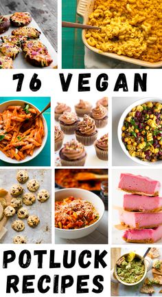 a collage of various potluck recipes with text overlay that reads 16 vegan potluck recipes