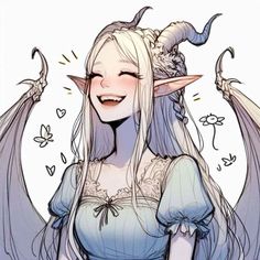 a drawing of a woman with horns on her head and long white hair, smiling