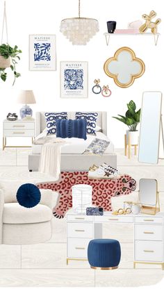 a room with white furniture and blue accents on the walls, including a bed, dresser,