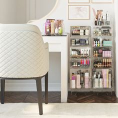 a white chair sitting next to a shelf filled with cosmetics