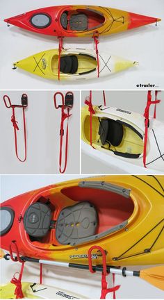 three different views of a kayak with paddles attached to the front and side