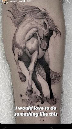 a black and white photo of a horse on the leg with a quote written below it