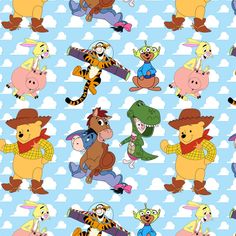 winnie the pooh wallpaper with many different animals and characters on blue sky background