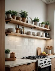 a stove top oven sitting inside of a kitchen next to wooden shelves filled with pots and pans