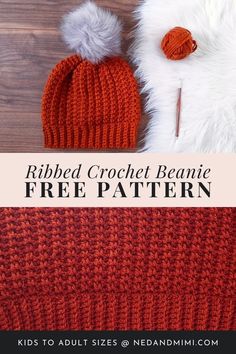 an orange knitted beanie with two pom poms on top and the text ribbed crochet beanie free pattern