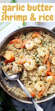 garlic butter shrimp and rice in a skillet