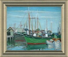 an oil painting of boats in the water