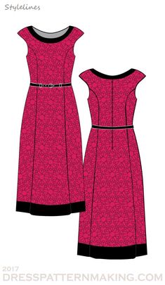 the front and back view of a pink dress with black trim