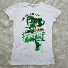 "Brand New" My Hero Academia Froppy S/S Shirt Color: White 100% Cotton / El Salvador My Hero Academia Froppy, Academia Tops, Froppy Tsuyu, My Hero Academia Shirt, My Hero Academia Tsuyu, Lace Tee, Light Blue Shorts, Concert Tees, Loose Shirts