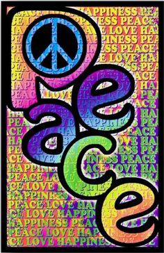 the peace sign is painted in multicolors and has letters that spell out words