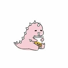 a drawing of a pink dinosaur holding a piece of food in it's mouth