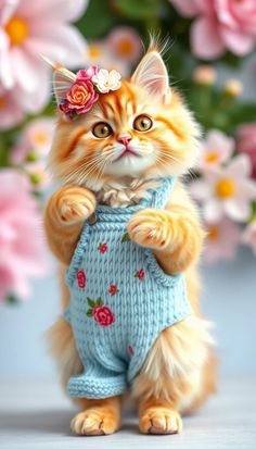 an orange and white cat wearing a blue sweater with flowers on it's head