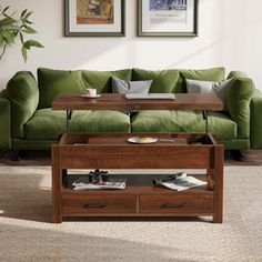 a living room with a green couch and coffee table