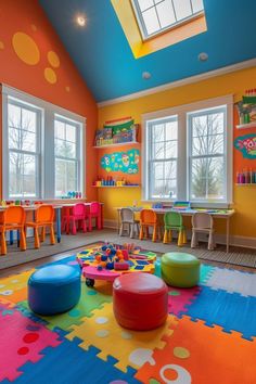 a brightly colored room with toys on the floor