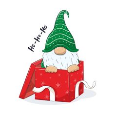 a gnome sitting on top of a red present box with the words ho hoo