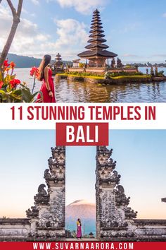 two photos with the words stunning temples in bali and an image of a woman looking out over water