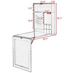 an image of a refrigerator with its door open and measurements on the wall above it